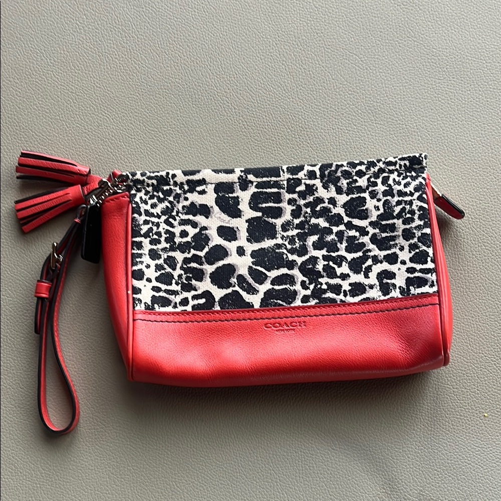 Coach Red Leather Wristlet with Black-and-White Animal Print